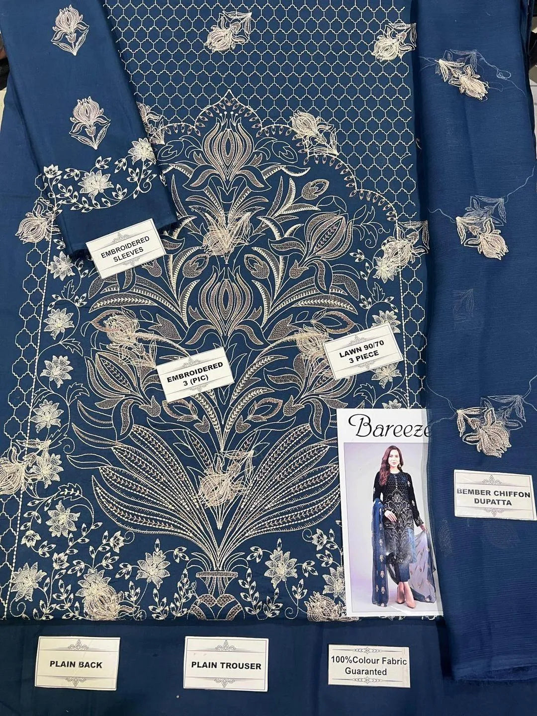 Luxury Royal Blue Embroidered Lawn 3 Piece Suit with Chiffon Dupatta for Women