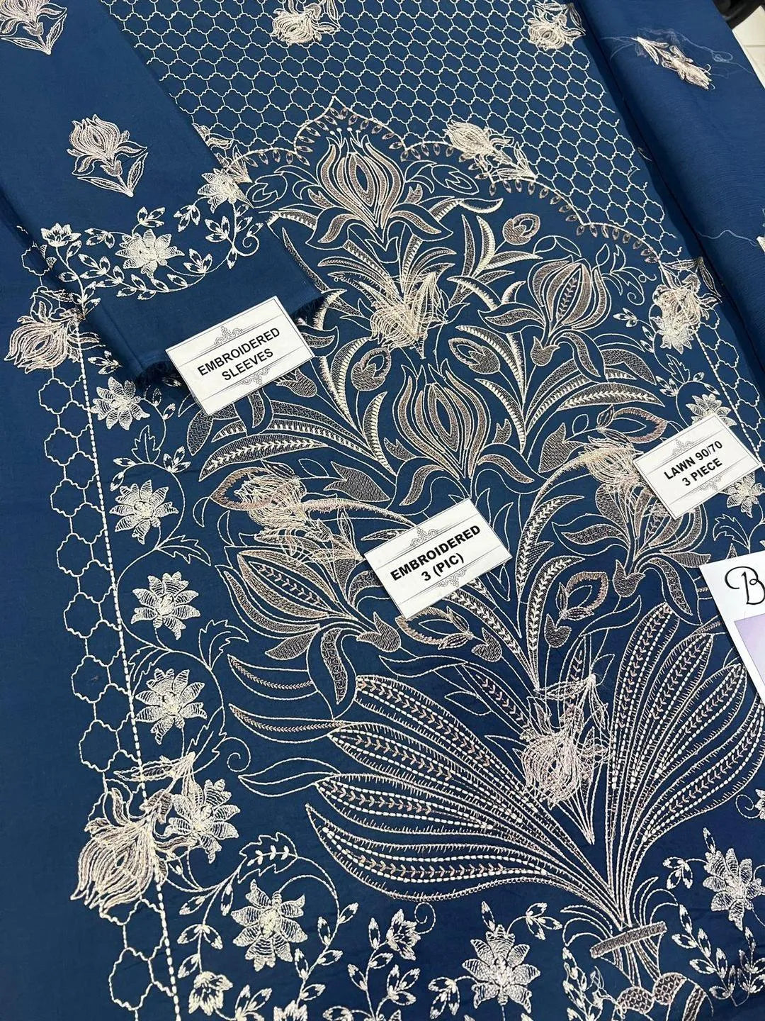 Luxury Royal Blue Embroidered Lawn 3 Piece Suit with Chiffon Dupatta for Women