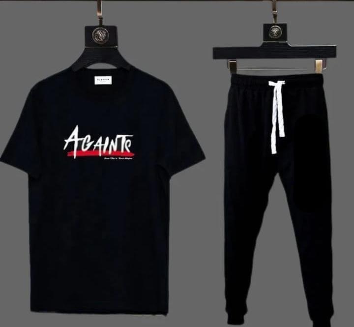 Men's AGAINT Graphic T-Shirt & Jogger Tracksuit Set – Black Casual Summer Outfit
