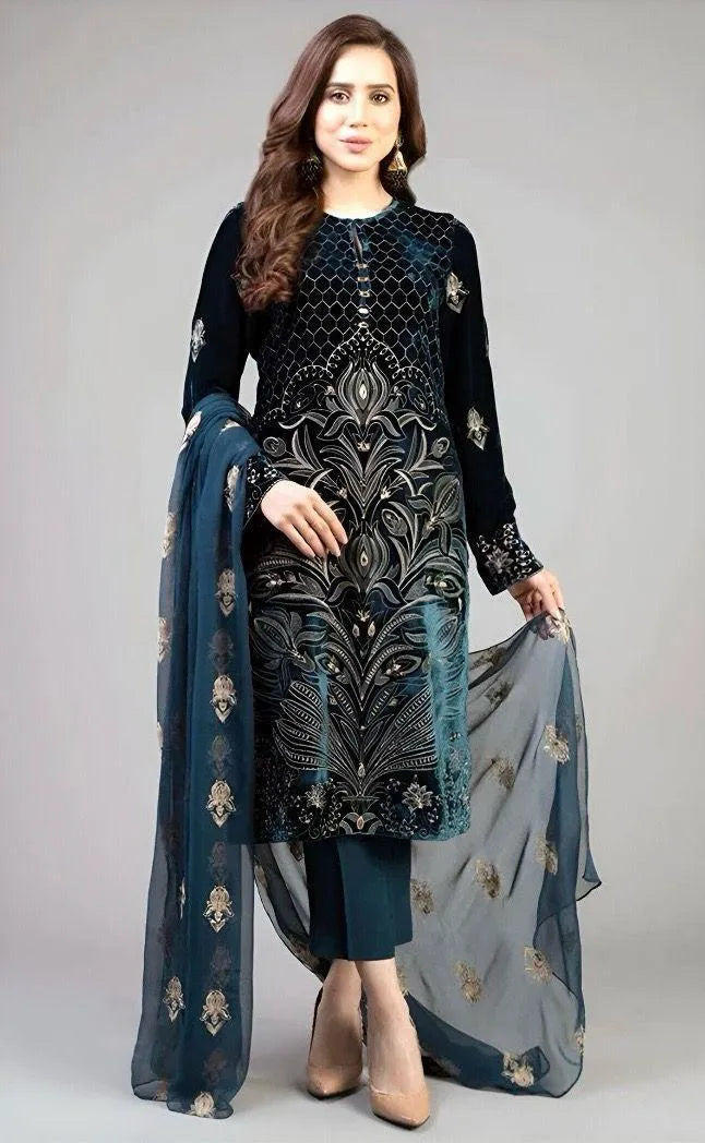 Luxury Royal Blue Embroidered Lawn 3 Piece Suit with Chiffon Dupatta for Women