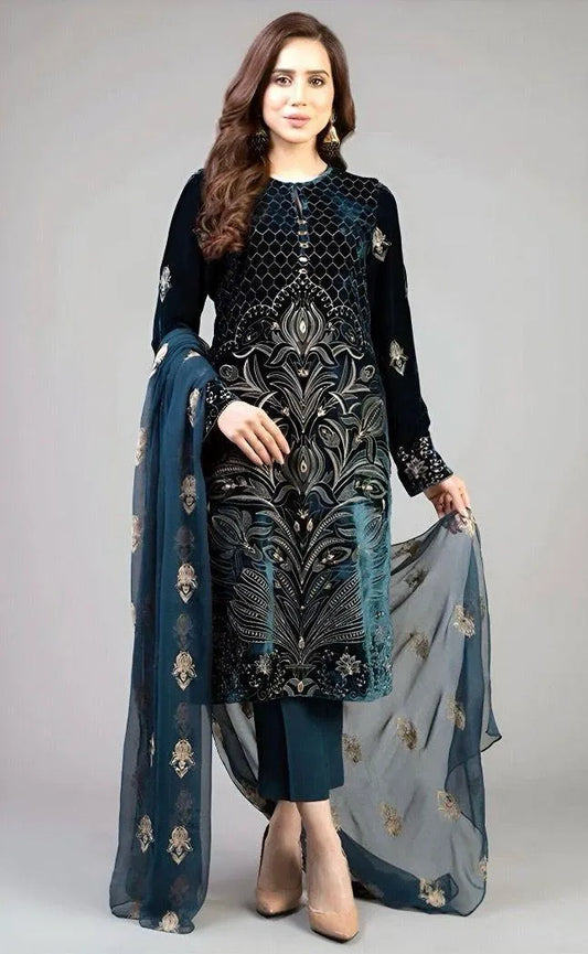 Luxury Royal Blue Embroidered Lawn 3 Piece Suit with Chiffon Dupatta for Women