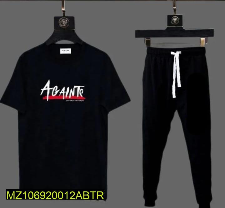 Men's AGAINT Graphic T-Shirt & Jogger Tracksuit Set – Black Casual Summer Outfit